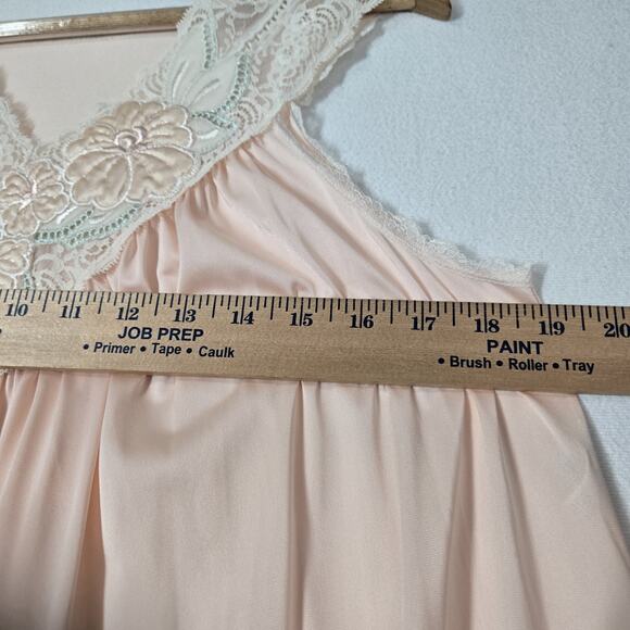 VTG Shadowline Satin Long Nightgown S Peach Sleeveless V-Neck Lace Embr Flowers - Picture 11 of 13